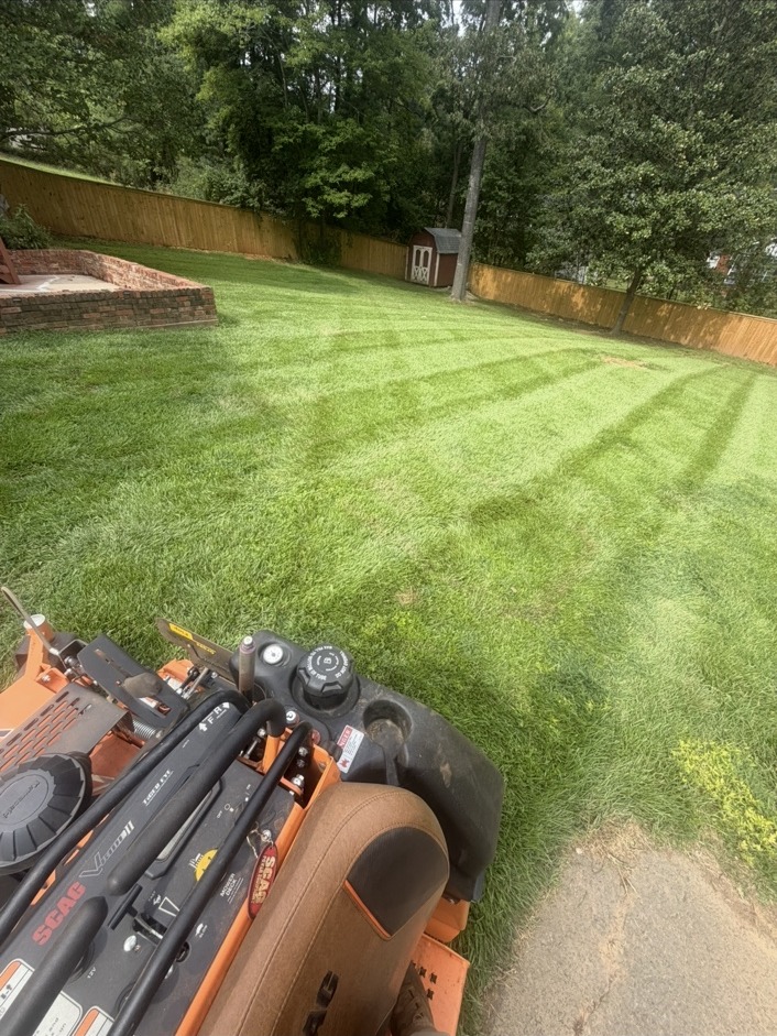 Striped backyard lawn with mower in foreground