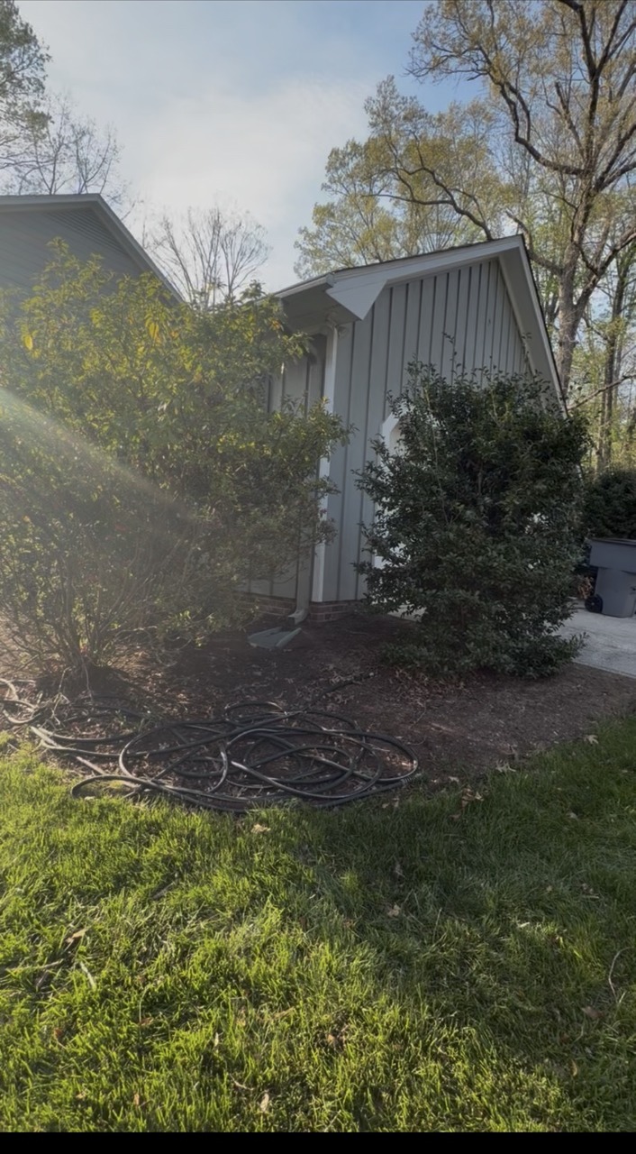 Overgrown shrubs beside garage before trimming